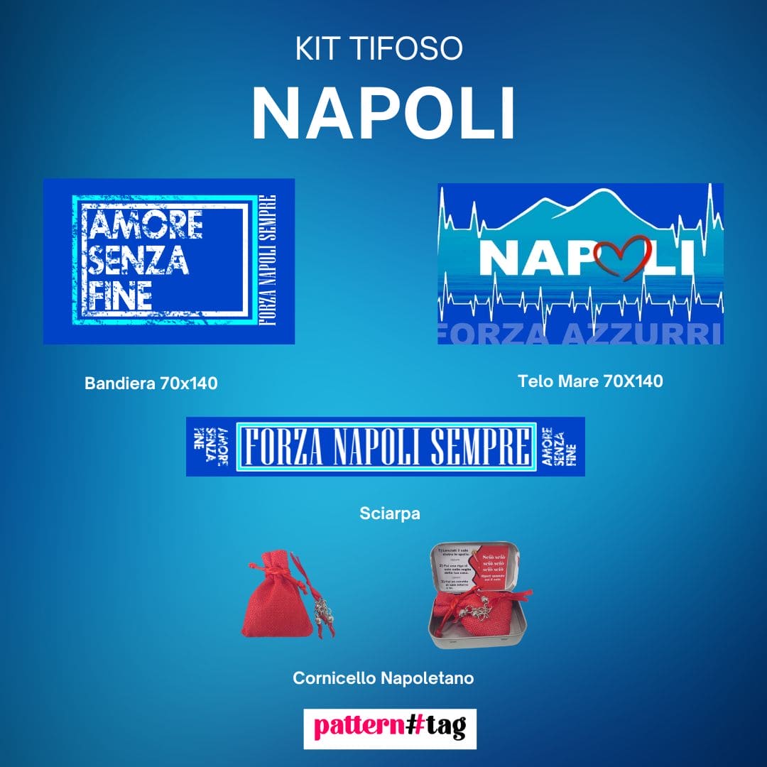 Kit Tifoso Napoli 4 Scudetto 2025 con bandiera , telo mare, sciarpa , cornicello napoletano kit antisfiga