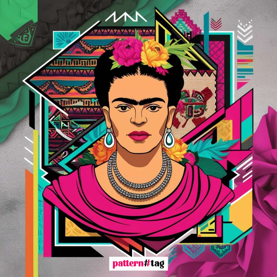 Pannello decorativo in tessuto raffigurante un ritratto stilizzato di Frida Kahlo. L'immagine mostra l'artista con i suoi tratti distintivi: sopracciglia folte, capelli raccolti ornati da fiori vivaci, e abiti dai colori intensi e motivi floreali. Lo sfondo è ricco di dettagli artistici che richiamano il suo stile iconico