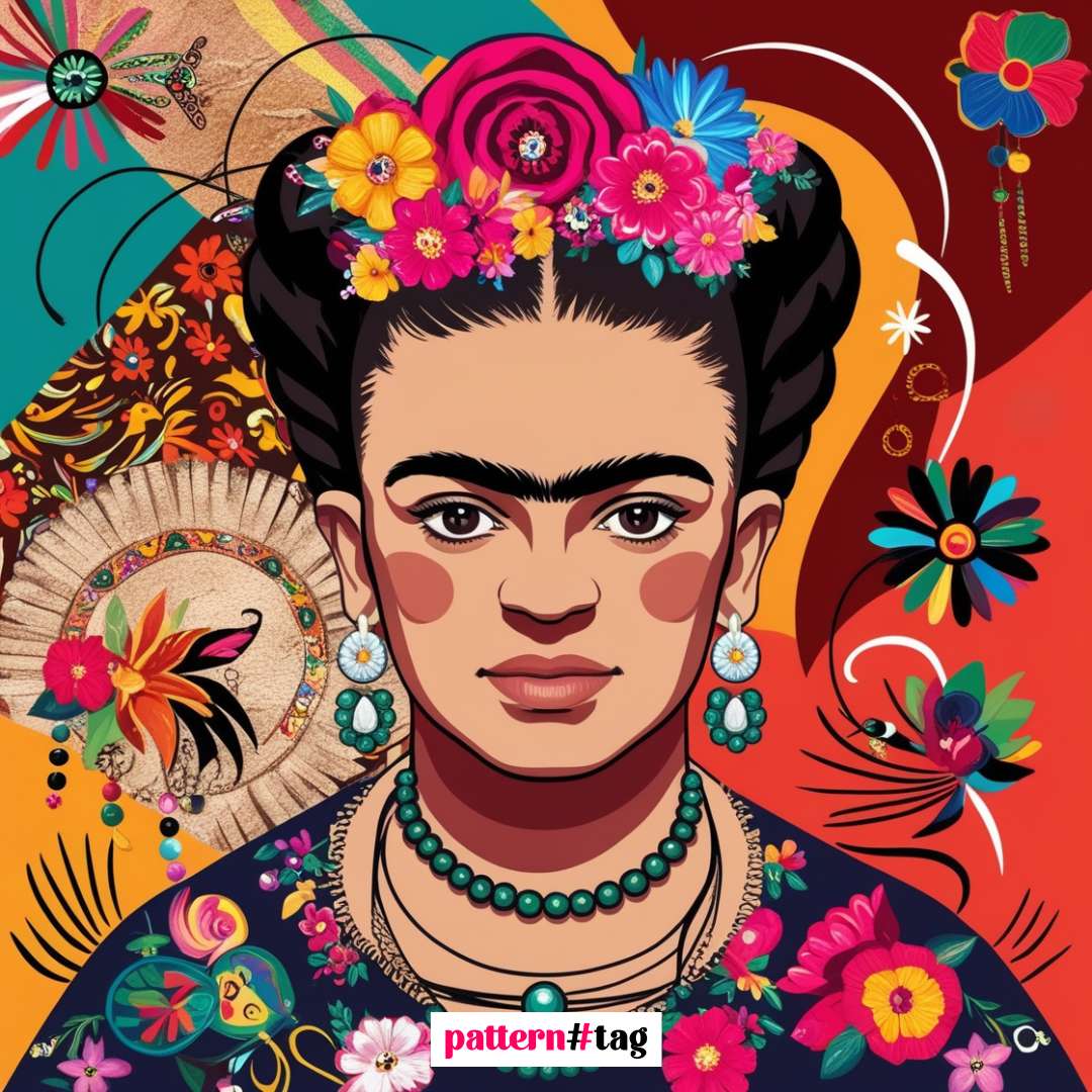 Pannello decorativo in tessuto raffigurante un ritratto stilizzato di Frida Kahlo. L'immagine mostra l'artista con i suoi tratti distintivi: sopracciglia folte, capelli raccolti ornati da fiori vivaci, e abiti dai colori intensi e motivi floreali. Lo sfondo è ricco di dettagli artistici che richiamano il suo stile iconico