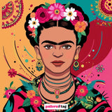 Pannello decorativo in tessuto raffigurante un ritratto stilizzato di Frida Kahlo. L'immagine mostra l'artista con i suoi tratti distintivi: sopracciglia folte, capelli raccolti ornati da fiori vivaci, e abiti dai colori intensi e motivi floreali. Lo sfondo è ricco di dettagli artistici che richiamano il suo stile iconico