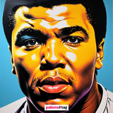 Pannello in tessuto dedicato a Muhammad Ali, con una rappresentazione dell'iconico campione che simboleggia forza, determinazione e coraggio. Un elemento decorativo che porta potenza, ispirazione e grandezza al tuo spazio.